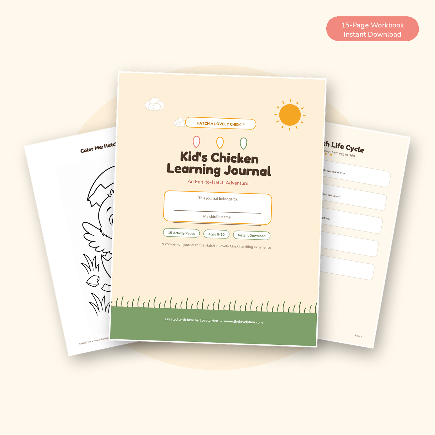 Kid's Chicken Learning Journal - 15-page printable workbook with life cycle chart, observation log, coloring pages, and certificate