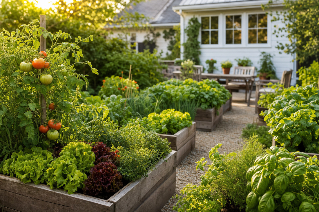 Lush backyard raised bed vegetable garden with tomatoes and herbs