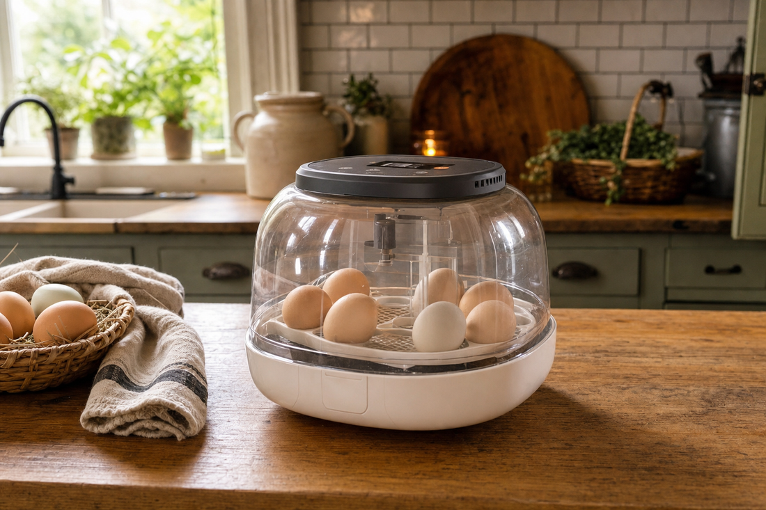 Beginner friendly egg incubator on a kitchen counter