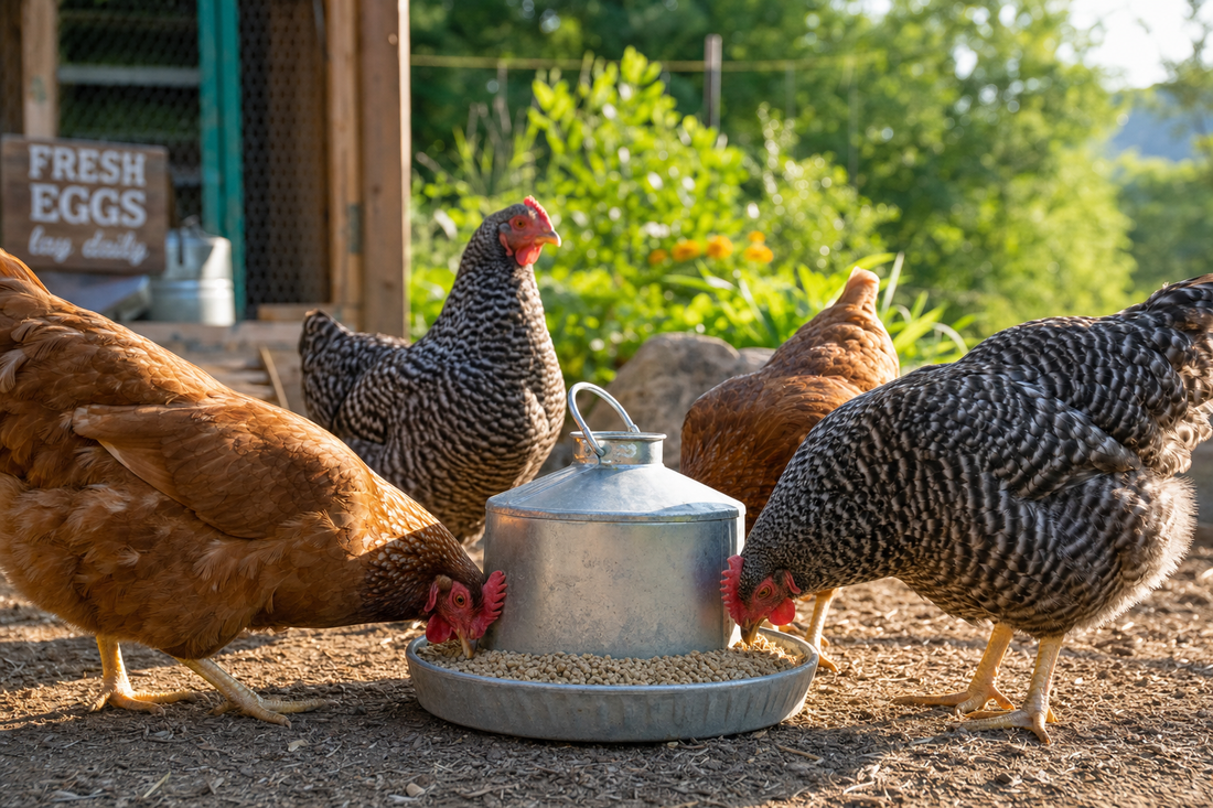 Laying hens eating quality layer feed pellets in a sunny run