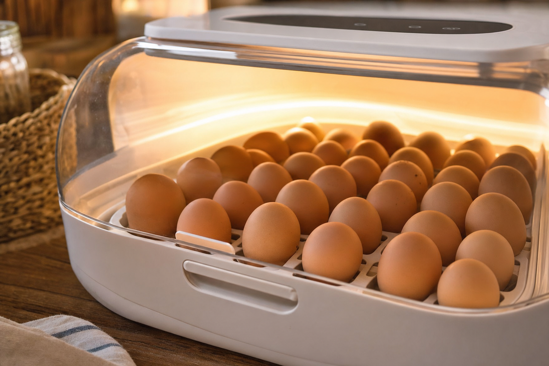 Egg incubator filled with brown chicken eggs