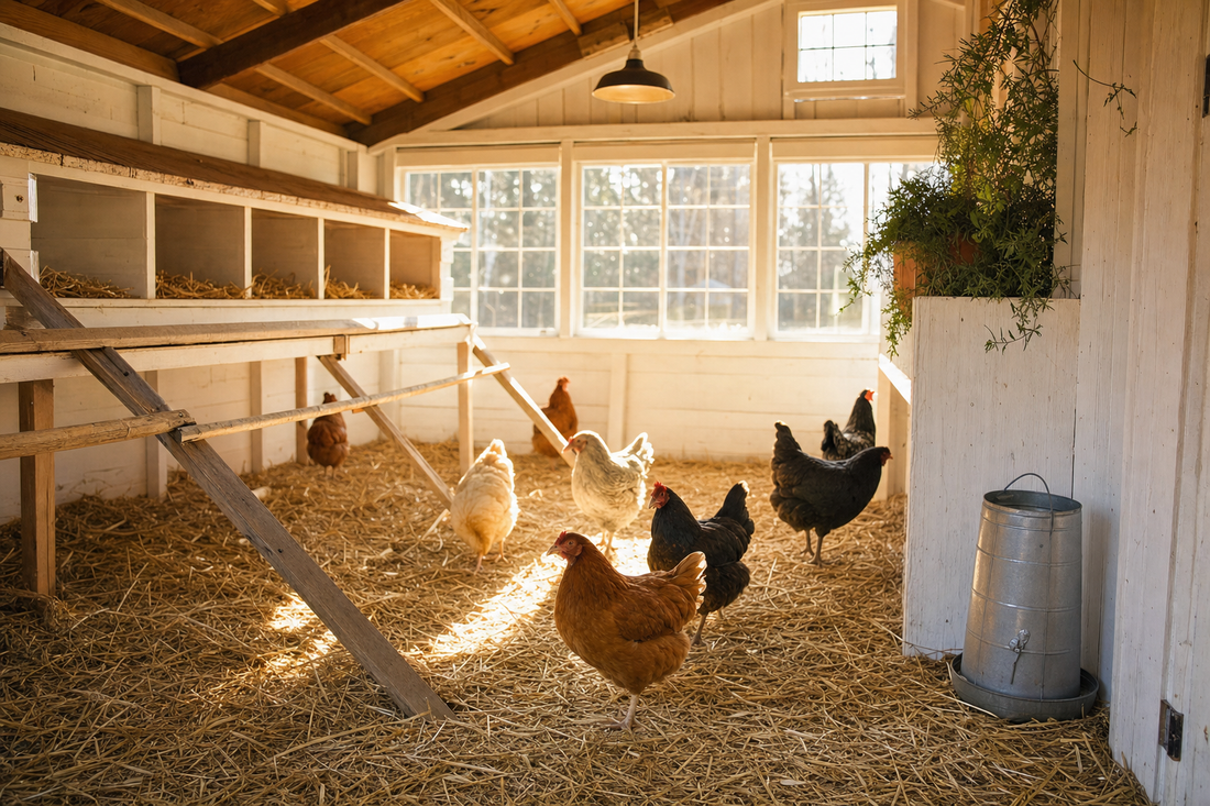 Clean sunlit backyard chicken coop interior with healthy flock