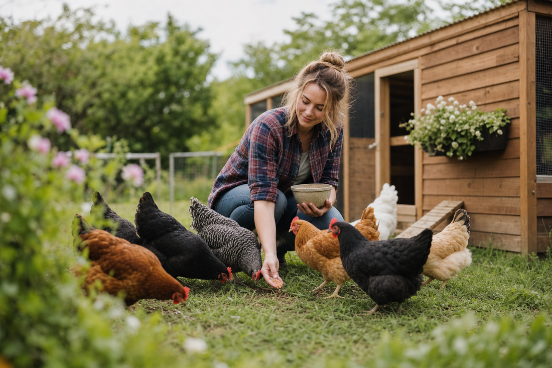 Healthy backyard chicken flock being cared for near their coop