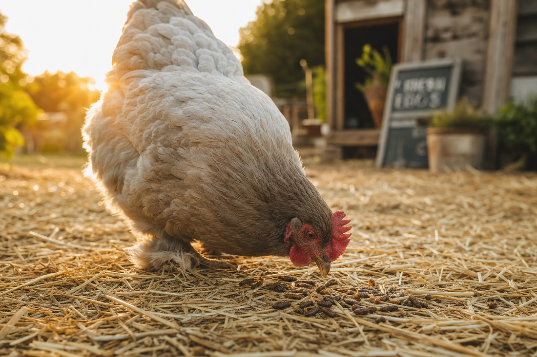 Backyard chicken eating GrubTerra dried black soldier fly larvae treats