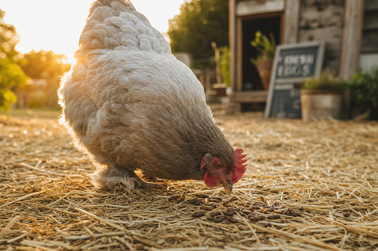 Backyard chicken eating GrubTerra dried black soldier fly larvae treats