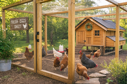 Backyard chicken run enclosed in sturdy hardware cloth fencing