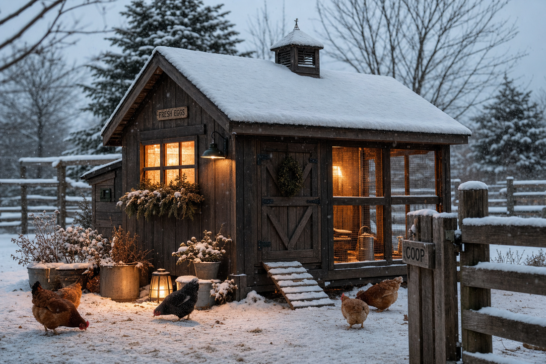 Snow covered backyard chicken coop glowing warmly in winter