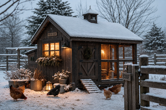 Snow covered backyard chicken coop glowing warmly in winter