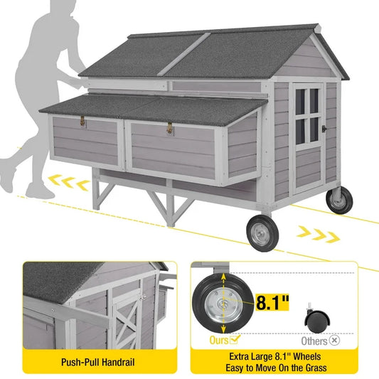 Aivituvin Large Chicken Coop Mobile Wood Hen House with Nesting Box Large Poultry Cage Upgrade with Strong Iron Frame