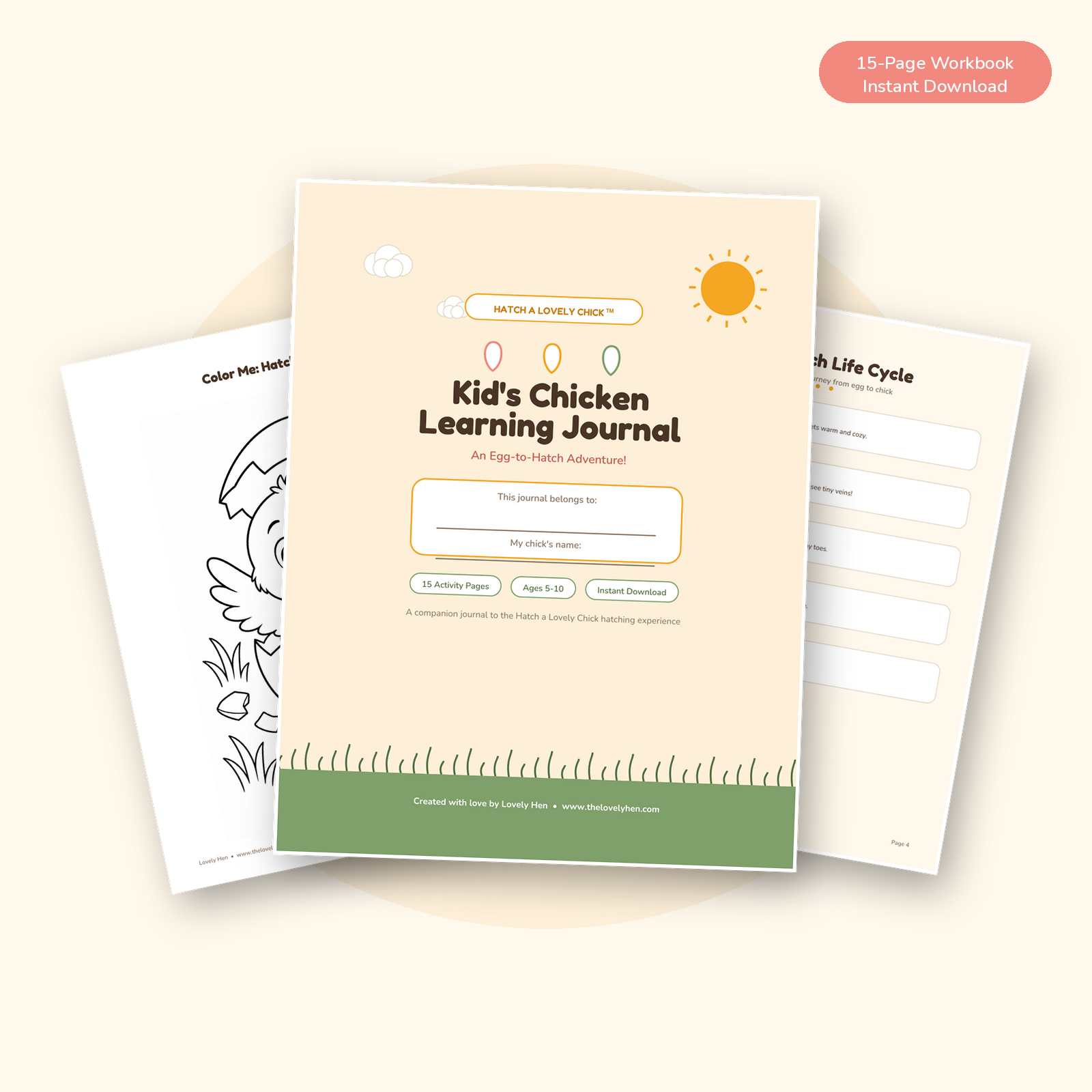 Kid's Chicken Learning Journal - 15-page printable workbook with life cycle chart, observation log, coloring pages, and certificate
